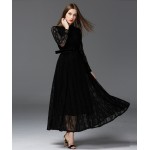 2016 Perspective Big Swing Lace Women Dresses European Style Slim Long Sleeve Black Maxi Dress High Quality Elegant Party Dress