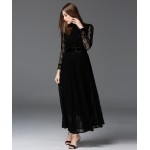 2016 Perspective Big Swing Lace Women Dresses European Style Slim Long Sleeve Black Maxi Dress High Quality Elegant Party Dress