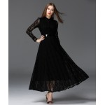 2016 Perspective Big Swing Lace Women Dresses European Style Slim Long Sleeve Black Maxi Dress High Quality Elegant Party Dress