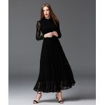 2016 Perspective Big Swing Lace Women Dresses European Style Slim Long Sleeve Black Maxi Dress High Quality Elegant Party Dress