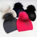 2016 Rhinestone Knitting Hat Wool Beanie Hat With Real Raccoon Fur Pompom Women Beanie Pom pom Wool Bonnet Femme Hiver Caps Girl