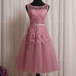 2016 Robe De Soiree Pink Lace Short Party Dresses Embroidery with Beaded Perspective Backless Fashion Elegant Party Dress