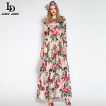 2016 Runway Maxi Dress High Quality Women's Long Sleeve Sequined Beading Rose Floral Bird Printed Long Dress With Scarf