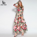 2016 Runway Maxi Dress High Quality Women's Long Sleeve Sequined Beading Rose Floral Bird Printed Long Dress With Scarf