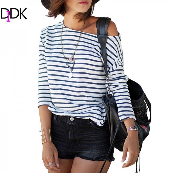 2016 Spring New Arrivals Fashion Blue and White Round Neck Long Sleeve Striped Loose Tops Womens Casual Simple T-Shirt