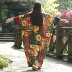 2016 Spring Women Dress Batwing Sleeve Maxi Dress O-neck Abstract Printing Cotton Linen Ethnic Robe Vestidos Long Dress Elbise