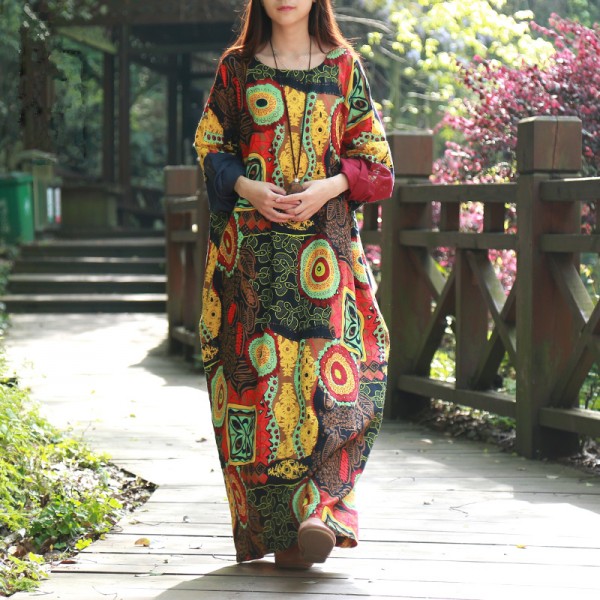 2016 Spring Women Dress Batwing Sleeve Maxi Dress O-neck Abstract Printing Cotton Linen Ethnic Robe Vestidos Long Dress Elbise