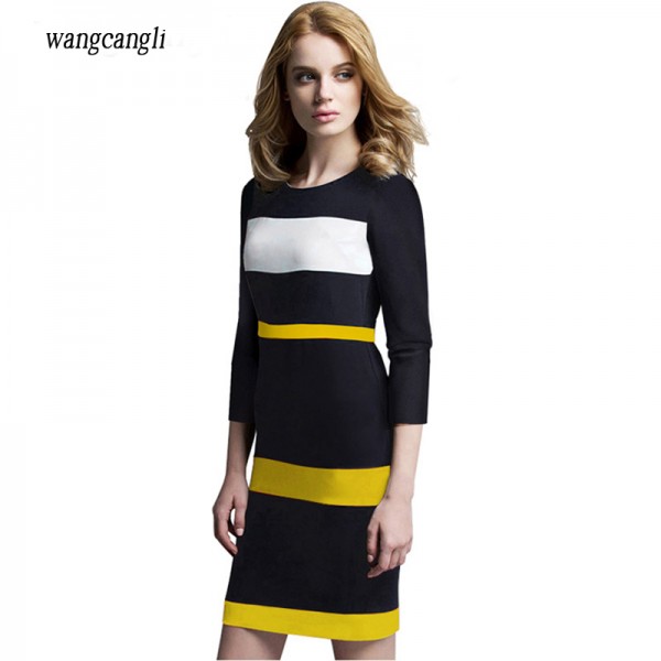 2016 Spring and Autumn section of the round neck short sleeve high waist stitching was thin package hip pencil dress