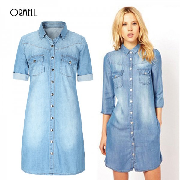 2016 Summer Denim Dress Women Plus Size Three Quarter Sleeve Dress Blue Denim Jeans Dress For Women Ladies Casual Party Dress