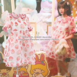 2016 Summer Girls Transparent Organza Tunic Dress Kawaii Strawberry Peter Pan Collar Short Sleeve Lolita Cute Dress