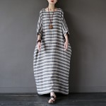 2016 Summer New Linen Striped Plus big size Women Long Dress Oversized Loose Casual Maxi Dress Gray Stripe Brand Robe Femme A036