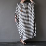 2016 Summer New Linen Striped Plus big size Women Long Dress Oversized Loose Casual Maxi Dress Gray Stripe Brand Robe Femme A036