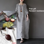 2016 Summer New Linen Striped Plus big size Women Long Dress Oversized Loose Casual Maxi Dress Gray Stripe Brand Robe Femme A036