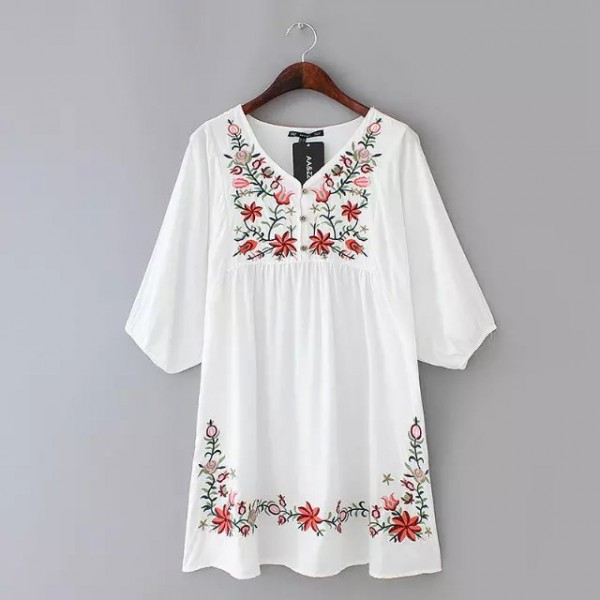 2016 Summer New Style Women Fashion Vintage National Style Embroidery Dress, Female Plus Size Loose Casual Cotton Dresses