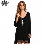 2016 Summer Women Boho Tassel Dress Short Vestido Sexy Lace Crochet Chiffon Tunic Hollow Black Beach Shirt Dress Blusa Hot Sale