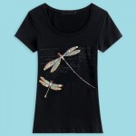 2016 Summer Women'S T-Shirt Fashion Style Handmade Dragonfly Pattern Femme Tees T Shirt Female Letter Print Camisetas Tops M~3XL