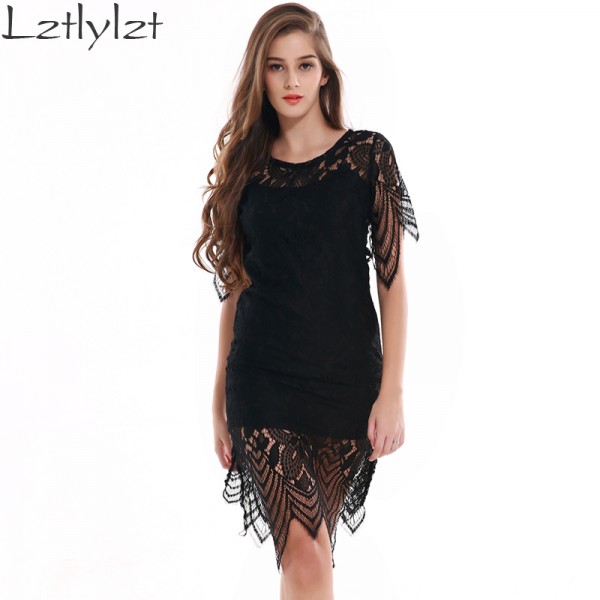 2016 Summer Womens Dresses Beach Club Evening Party Sexy Sundress Backless Black Lace Floral Crochet Short Dress Female Clothing