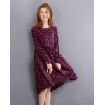 2016 Vintage Spring Autumn Women Midi Dress Fashion O Neck Plaid Female Vestidos Long Sleeve Retro Cotton Linen Dress M L XL 2XL