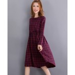 2016 Vintage Spring Autumn Women Midi Dress Fashion O Neck Plaid Female Vestidos Long Sleeve Retro Cotton Linen Dress M L XL 2XL