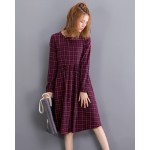 2016 Vintage Spring Autumn Women Midi Dress Fashion O Neck Plaid Female Vestidos Long Sleeve Retro Cotton Linen Dress M L XL 2XL