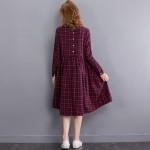 2016 Vintage Spring Autumn Women Midi Dress Fashion O Neck Plaid Female Vestidos Long Sleeve Retro Cotton Linen Dress M L XL 2XL