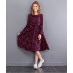 2016 Vintage Spring Autumn Women Midi Dress Fashion O Neck Plaid Female Vestidos Long Sleeve Retro Cotton Linen Dress M L XL 2XL