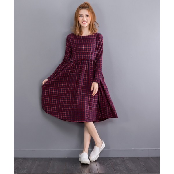 2016 Vintage Spring Autumn Women Midi Dress Fashion O Neck Plaid Female Vestidos Long Sleeve Retro Cotton Linen Dress M L XL 2XL