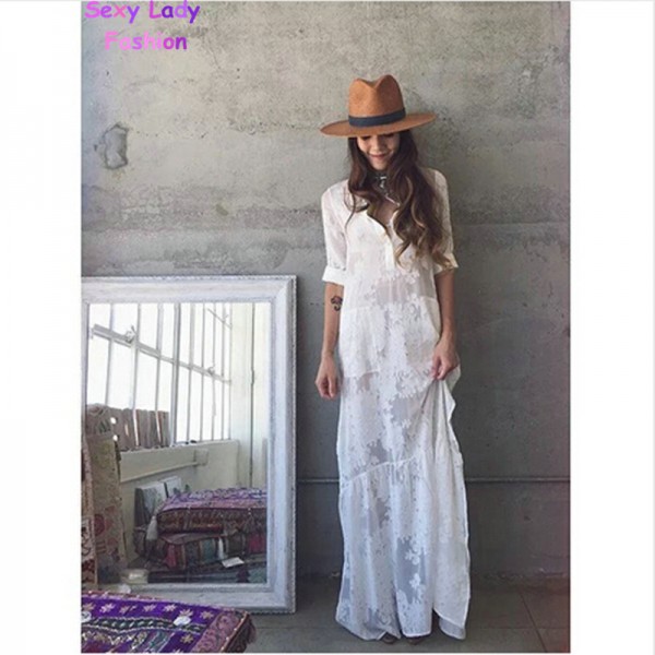 2016 Women BOHO Slit Side Lace White Chiffon Maxi Dress New Spring Summer Lapel Long Sleeve Beach Long Dresses blouse shirt