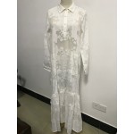 2016 Women BOHO Slit Side Lace White Chiffon Maxi Dress New Spring Summer Lapel Long Sleeve Beach Long Dresses blouse shirt