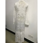 2016 Women BOHO Slit Side Lace White Chiffon Maxi Dress New Spring Summer Lapel Long Sleeve Beach Long Dresses blouse shirt