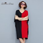 2016 Women Casual Dresses Women's Red Black Hit Color European Style V Neck Batwing Sleeve Long Shirt Dress (BelineRosa TYW076)