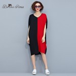 2016 Women Casual Dresses Women's Red Black Hit Color European Style V Neck Batwing Sleeve Long Shirt Dress (BelineRosa TYW076)