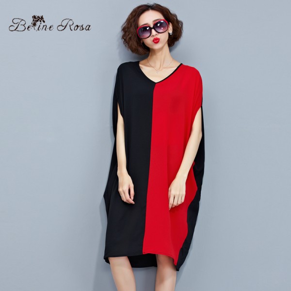 2016 Women Casual Dresses Women's Red Black Hit Color European Style V Neck Batwing Sleeve Long Shirt Dress (BelineRosa TYW076)