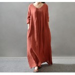 2016 Women Casual Solid autumn Dress Loose Full Sleeve V Neck Button Dress Cotton Linen Boho Long Maxi Dress Plus Size Vestidos