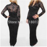 2016 Women Deep V-neck Long Sleeve Black/White/Blue Lace Floral  Long Maxi Bodycon Dress Flool-length Casual Dresses Vestido XXL