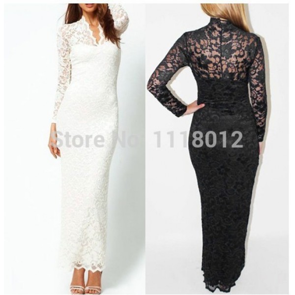 2016 Women Deep V-neck Long Sleeve Black/White/Blue Lace Floral  Long Maxi Bodycon Dress Flool-length Casual Dresses Vestido XXL