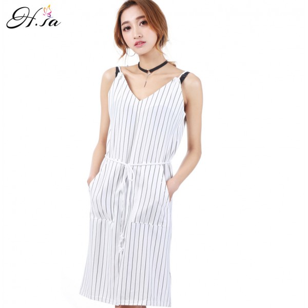 2016 Women Summer Casual Dress V-neck White Striped Dress Loose Style Casual Vestidos Robe Boho High Quality Cheap Clothes China