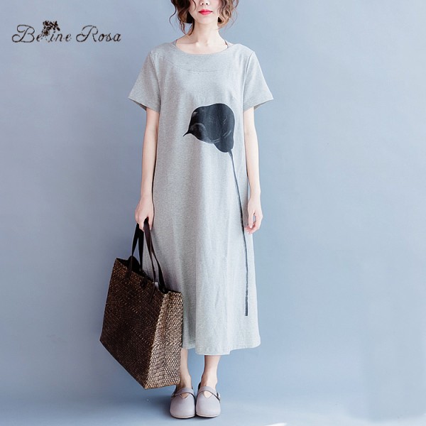 2016 Women's Elegant Dress Women's Print Dress Light Gray O Neck Short Sleeve Plus Size Dresses for Women(BelineRosa HS0083)