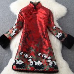 2016 autumn winter designer womens jackets red silver panda bamboo embroidery fur collar cuff bottom fashion vintage brand coat