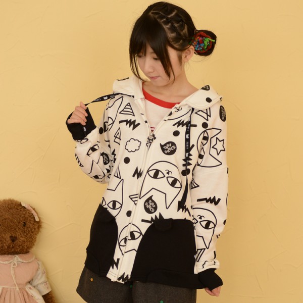 2016 autumn women brand cat print pullover with hood cute jacket outerwear girls cartoon cat face zipper full zip pocket shirt