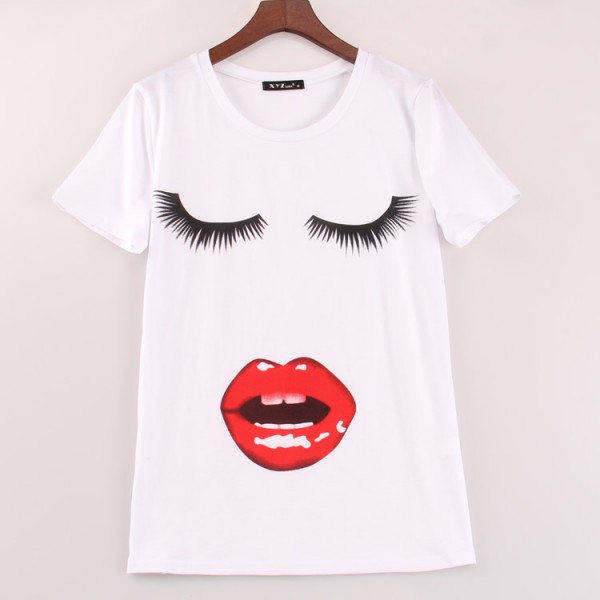 2016 fashion new t shirt women eyelash kiss lip printed t-shirt women tops shirts tees summer short Sakura clothing woman