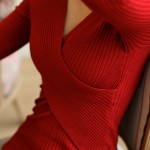 2016 new spring autumn  long-sleeved sweater dress sexy female slim mini dress V-neck K018