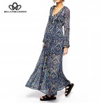 2016 spring autumn new Womens ethnic Boho trumpet kimono long sleeves heart paisley print v-neck chiffon long maxi dress blue