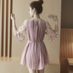 2016 summer new Women Korean ladies flowers mesh sleeve pleated chiffon dress