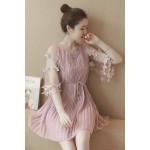 2016 summer new Women Korean ladies flowers mesh sleeve pleated chiffon dress