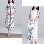 2017  New 2 Peices China Wind Cheongsam Loose Waist Printing Ink Seven Sleeve Two Piece Dress