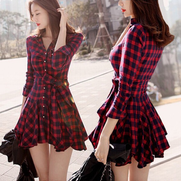 2017 Autumn Dress Women Retro England London Style Plaid Slim Bow Sash Long Sleeve Pleated Skater Red Shirt Dress Saias D12