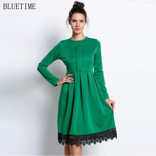 2017 Autumn Vintage Dress Women Plus Size Long Sleeve Green Rockabilly Lace Club Party Tunic T Shirt Dress Robe 20