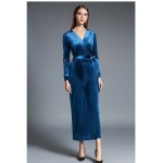 2017 Autumn Winter Dresses Blue Red Velvet Dress For Women Vintage Sexy Evening Party Dresses With Sashes Mid Calf Vestidos