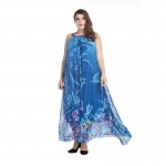 2017 Bohemian Women Summer Dress Slash Neck Halter Chiffon Dress Long Plus Size 7XL Print Blue Floral Maxi Dress Vestido Longo